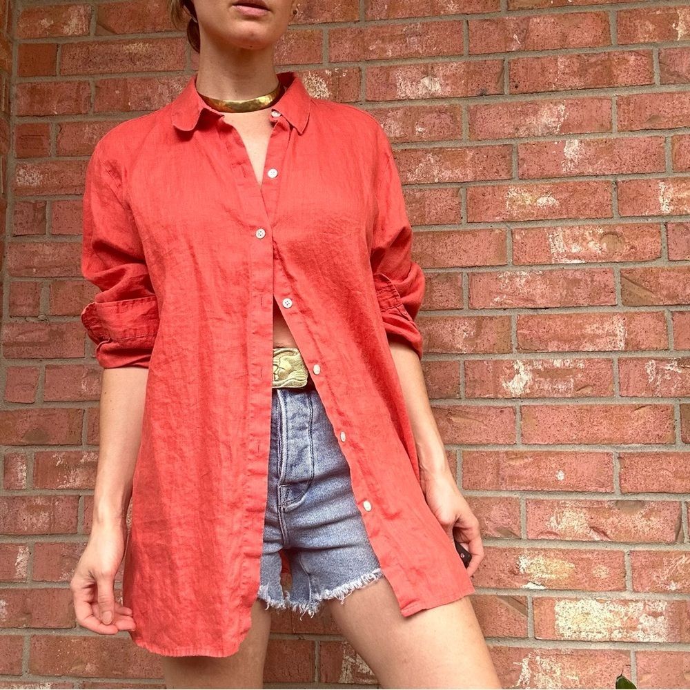 J. Jill Coral 100% Linen Button Down Shirt Size M Resortwear Office Preppy